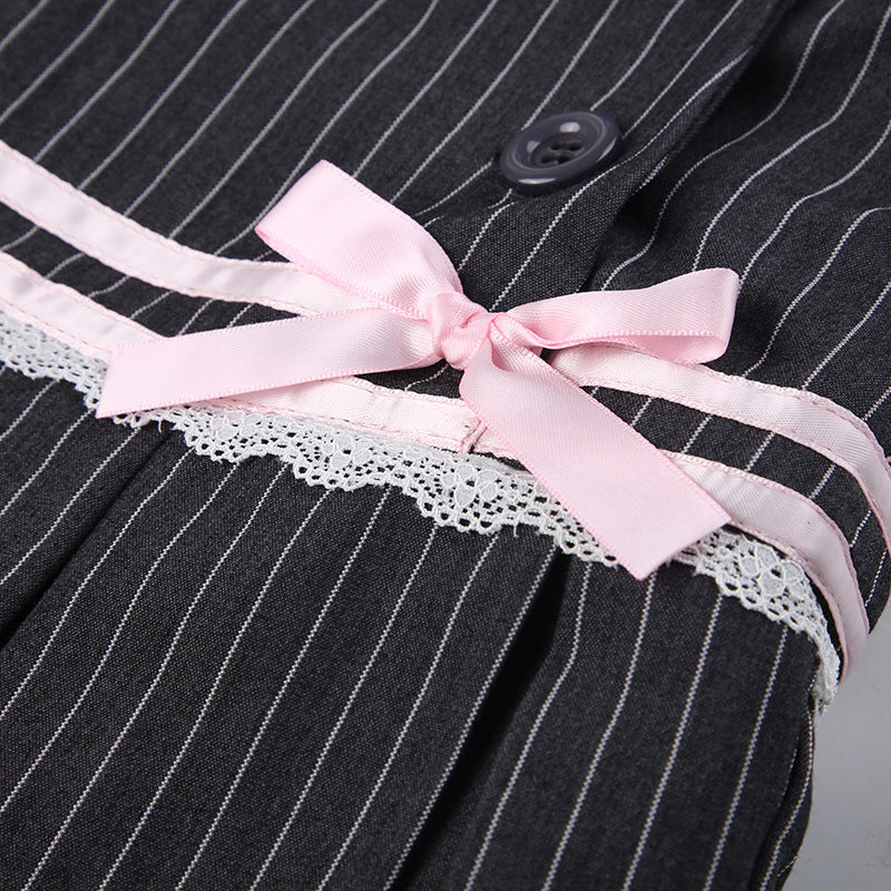 Striped Bow Lace Pleated Mini Skirt