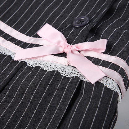 Striped Bow Lace Pleated Mini Skirt