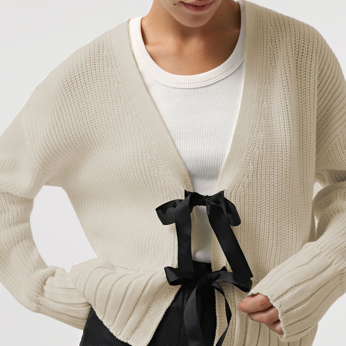 Bows String Tie V-Neck Knit Cardigan