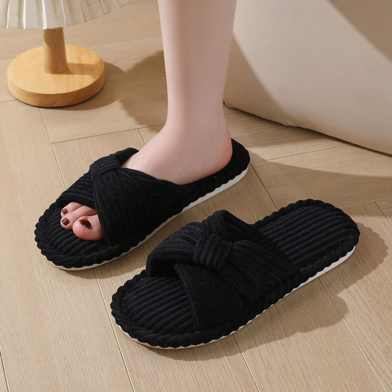 Cozy Corduroy Crossed Bow Indoor Slippers