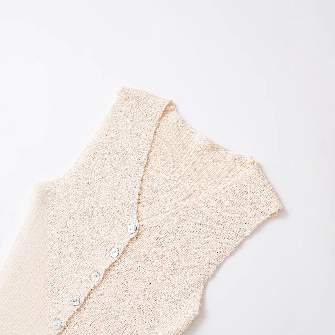 Button Down Sleeveless V-Neck Knit Top