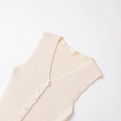 Button Down Sleeveless V-Neck Knit Top