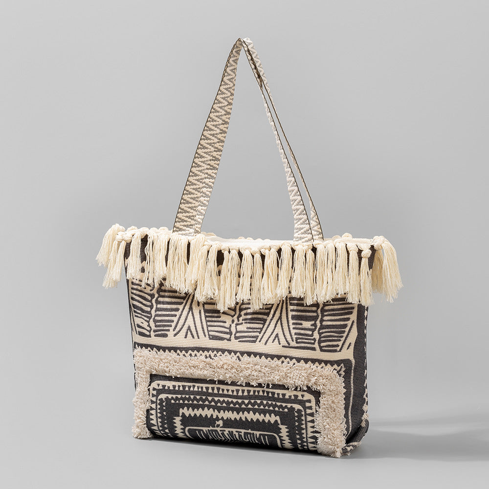 Vintage Tassel Print Tote Shoulder Handbag