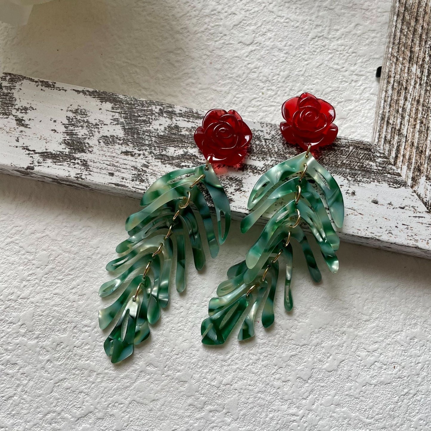 Vintage Red Rose Leaf Tassel Dangle Earrings
