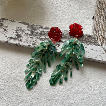 Vintage Red Rose Leaf Tassel Dangle Earrings