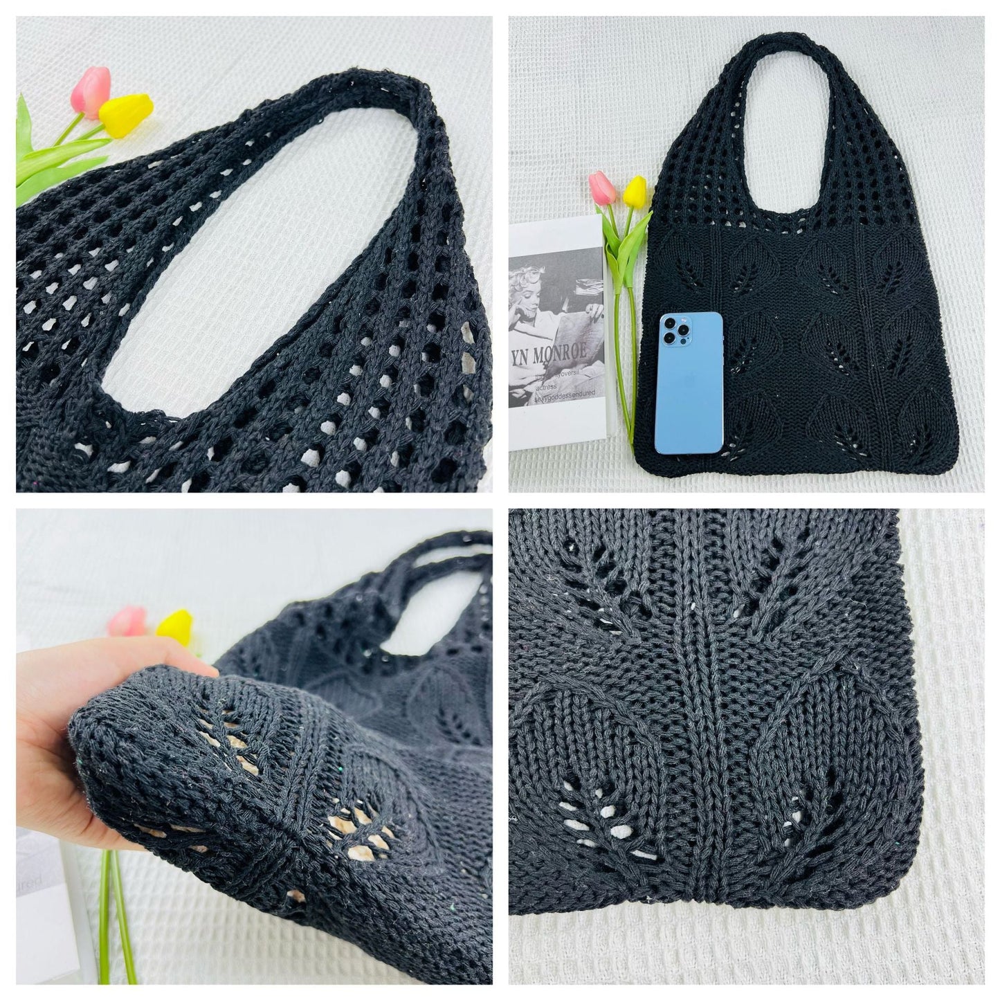 Solid Color Hollow Out Knit Shoulder Tote Bag
