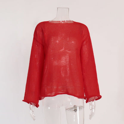 Solid Color See Through Flare Sleeves Knit Top
