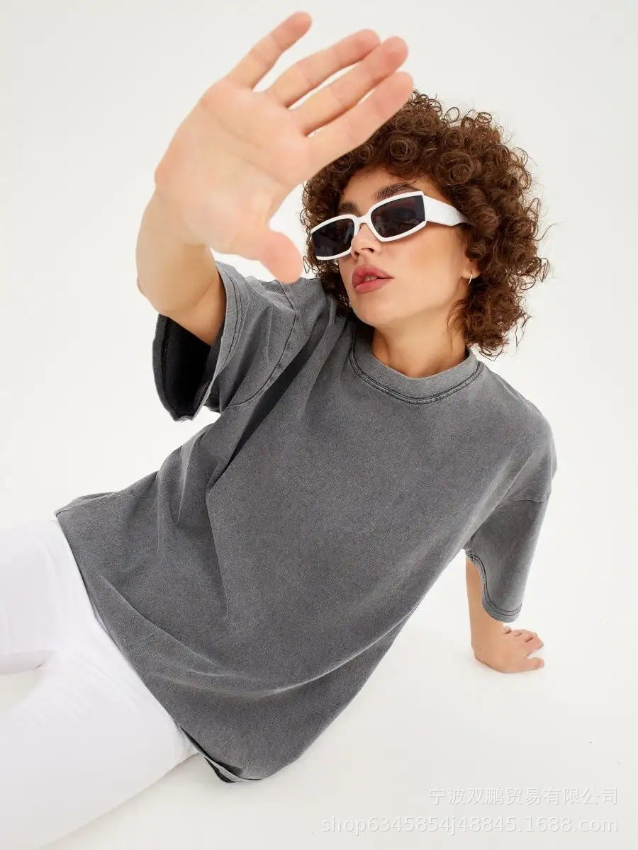 Washed Distressed Loose Short Sleeves Top