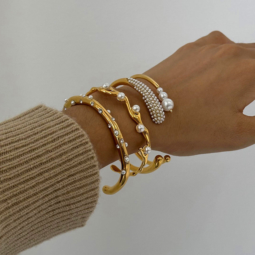Gold Plated Pearl Open Bangle Bracelet