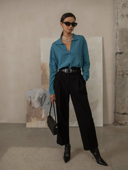 Lapel V-Neck Casual Sweater