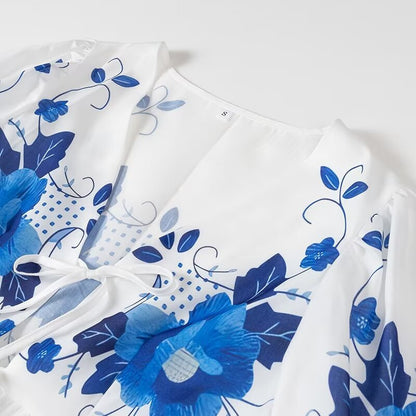 Trendy Flower Printed Tie Front Crop Top