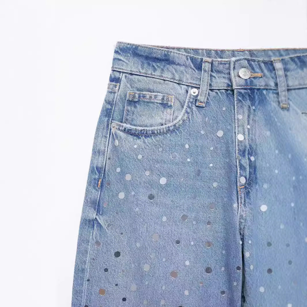 Versatile Sequin Wide Leg Denim Pants