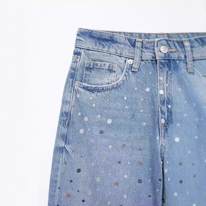 Versatile Sequin Wide Leg Denim Pants