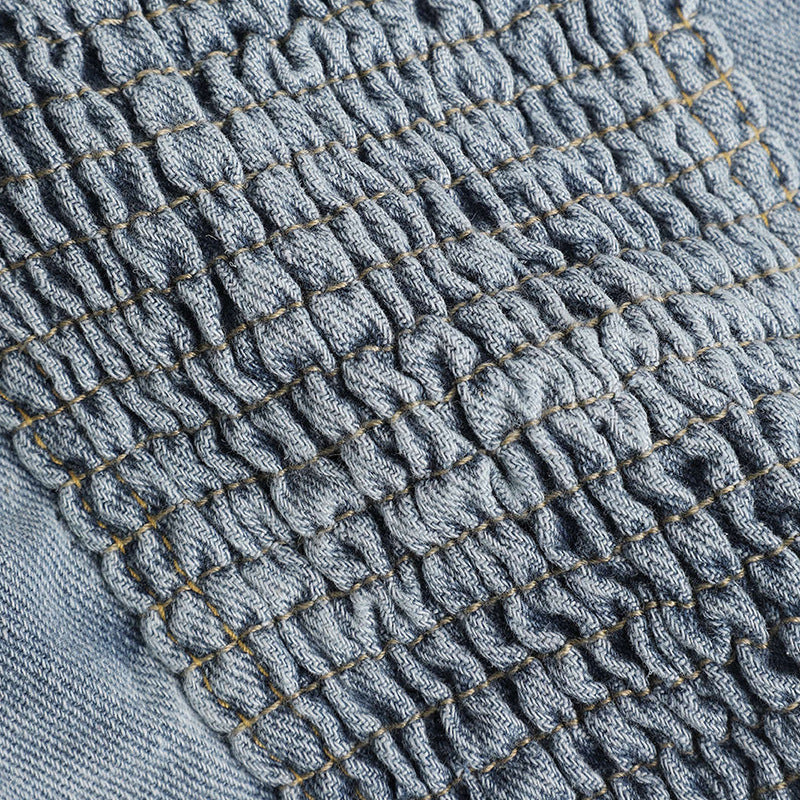 Button Down Strapless Denim Tube Tops