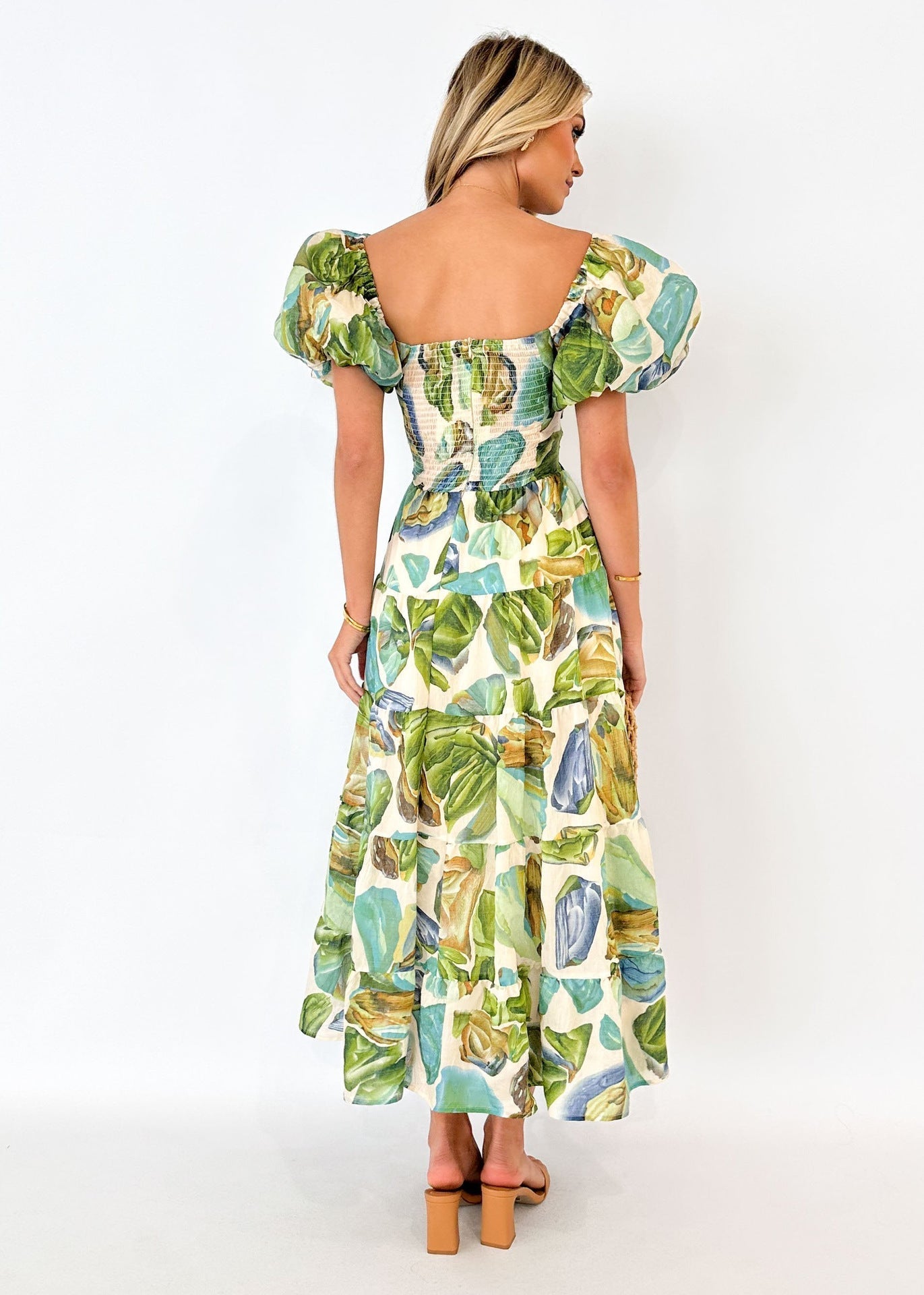 Puffy Sleeves Floral Print Belted Dress