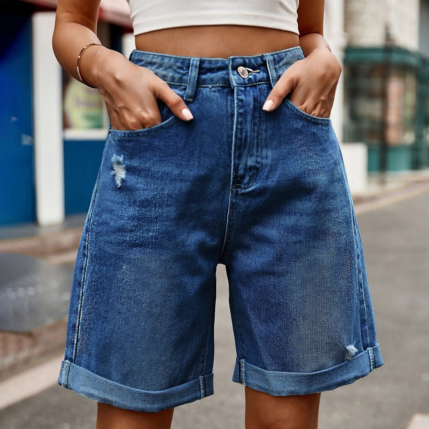 Distressed Folded Denim Bermuda Shorts