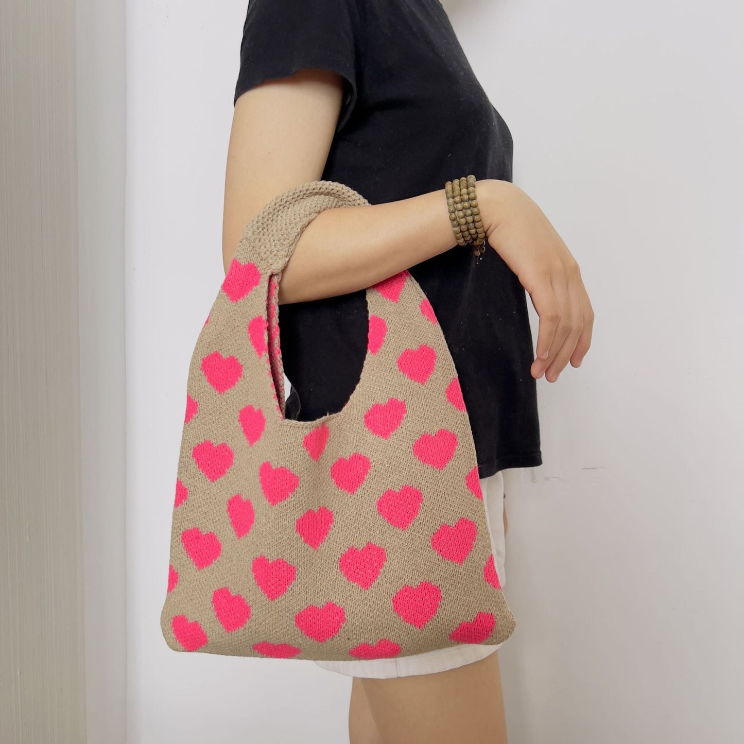 Cute Love Color Block Knit Shoulder Bag