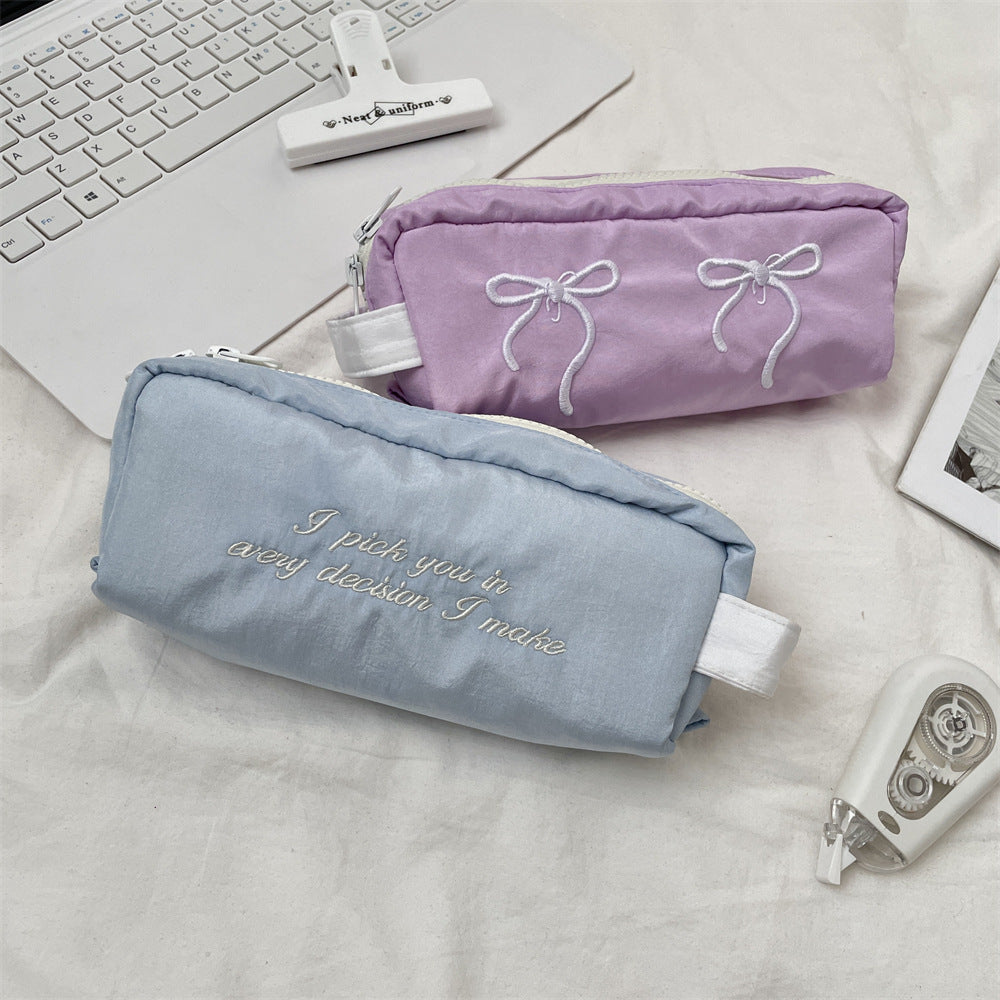 Bow Embroidered Large Capacity Pencil Pouch