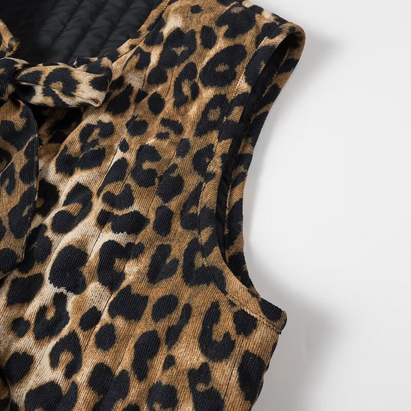 Corduroy Leopard Bow Casual Padded Vest