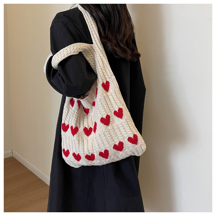 Love Print Color Block Simple Knit Shoulder Bag