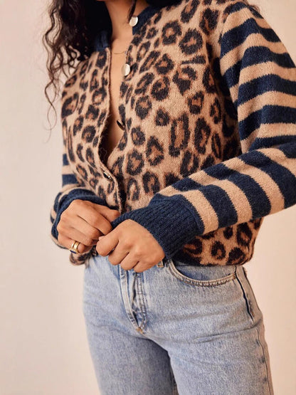 Vintage Round Neck Leopard Print Cardigan