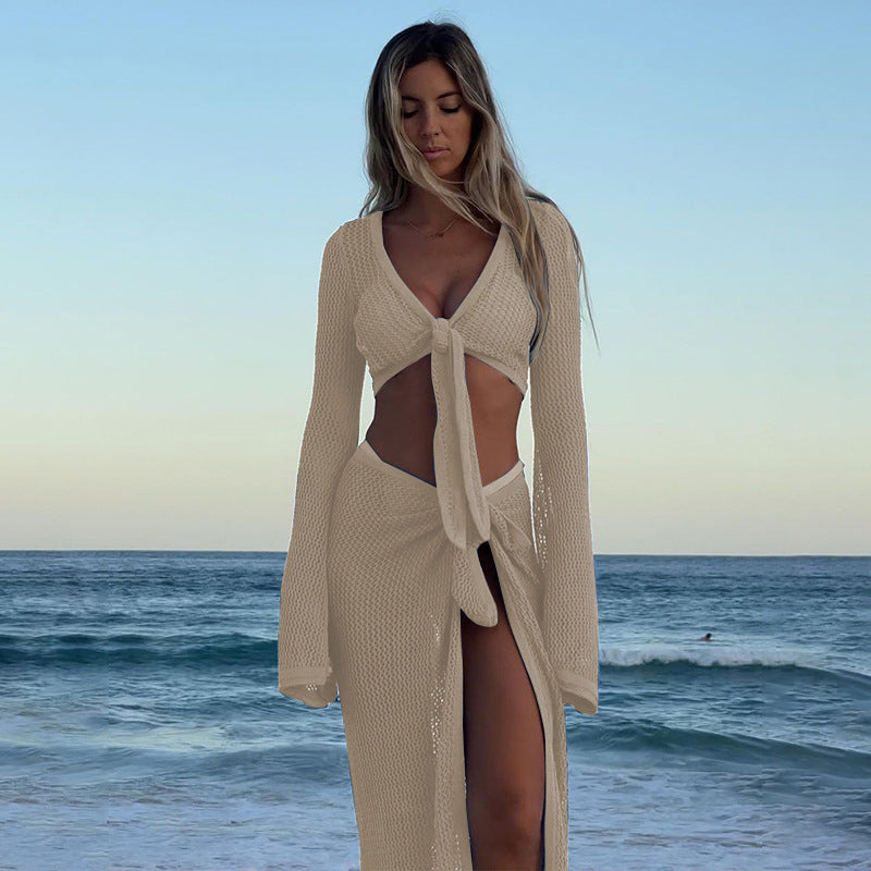 Sexy Hollow Out Knit String Tie Cover Up Set