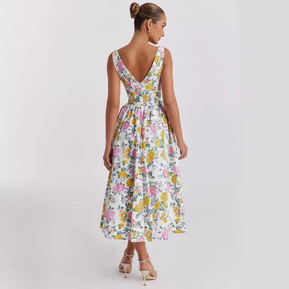 V-Neck Slim Sleeveless Floral Print Midi Dress
