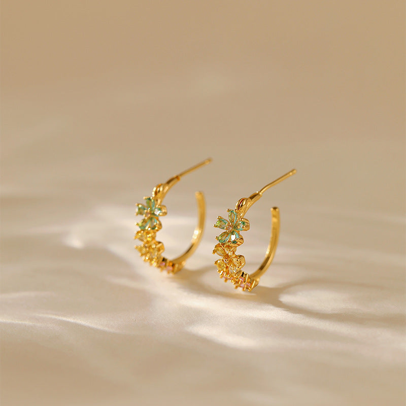 Flower Zircon Delicate C-Shaped Stud Earrings