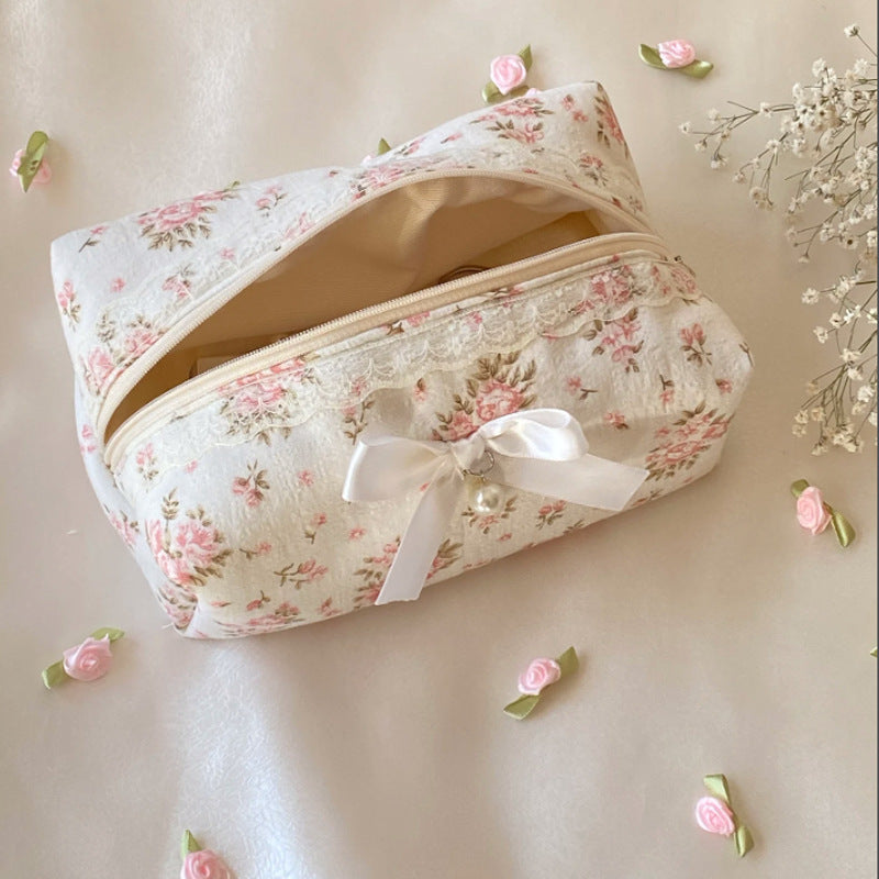 Cute Bow Flower Print Makeup Bag
