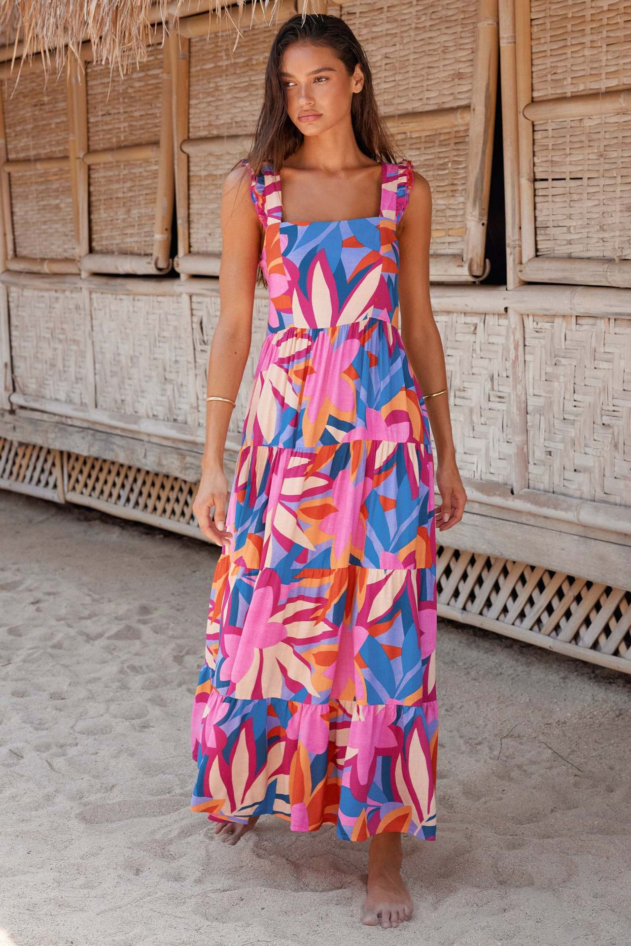 Print Square Collar Backless Long Dress