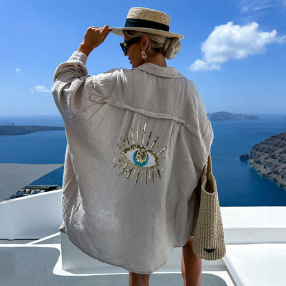 Casual V-Neck Sequins Long Sleeve Top