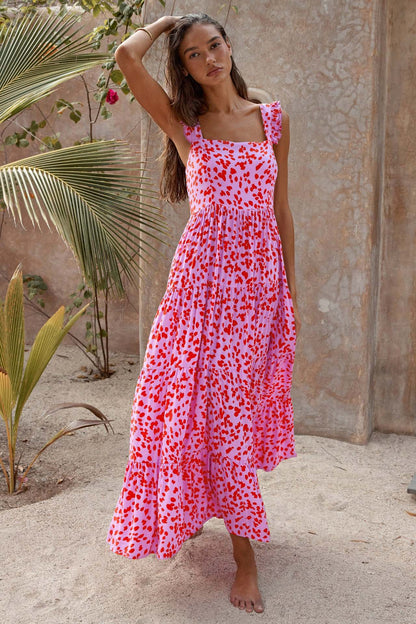Print Square Collar Backless Long Dress
