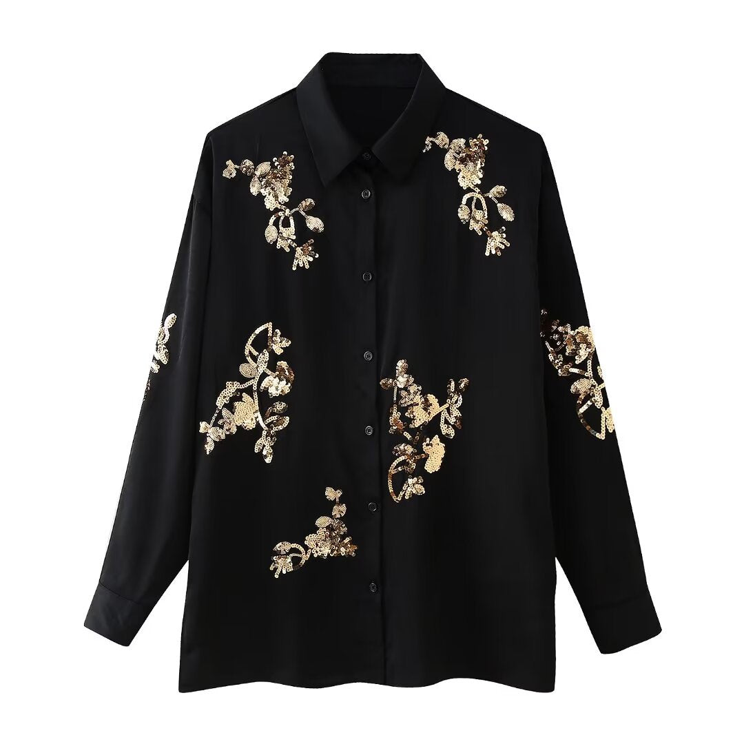 Sequin Embroidered Casual Shirt Pants Set