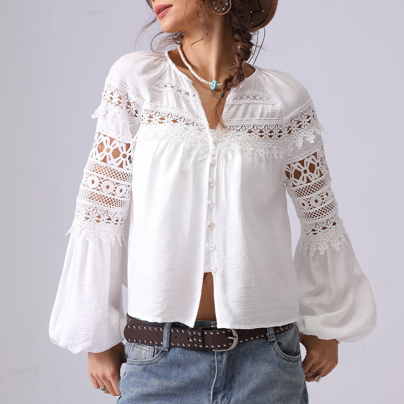 Lace Hollow Out Button Down Shirt
