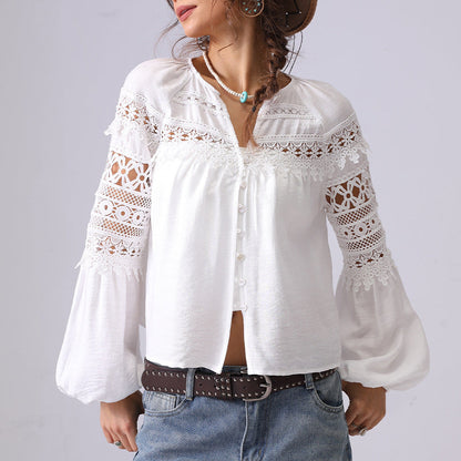 Lace Hollow Out Button Down Shirt