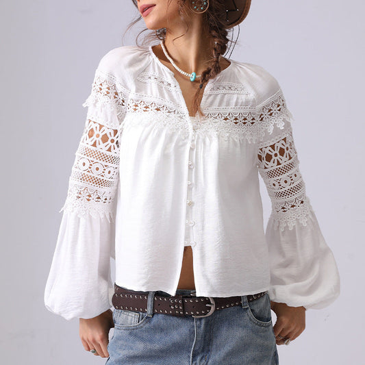 Lace Hollow Out Button Down Shirt