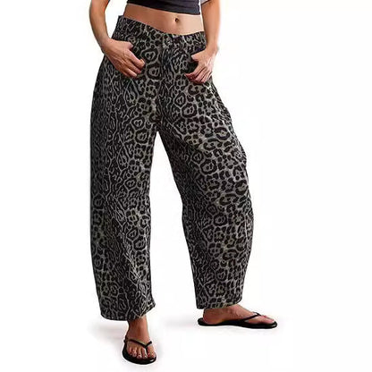 Leopard Print Loose Midi Waist Wide Leg Jeans