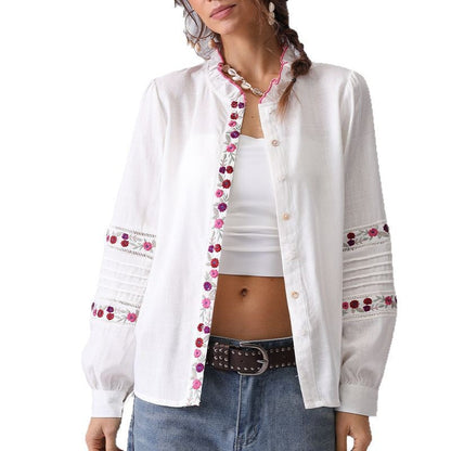 Minimalist Floral Embroidered Ruffle Neck Top