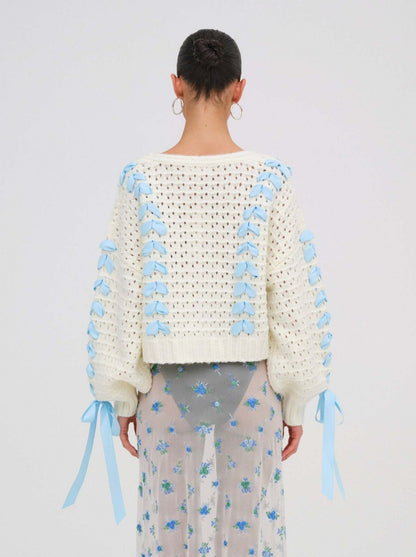 V-Neck String Tie Hollow Out Loose Cardigan