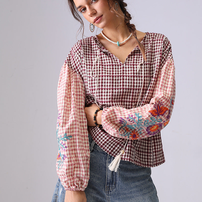 Floral Embroidered Plaid String Top