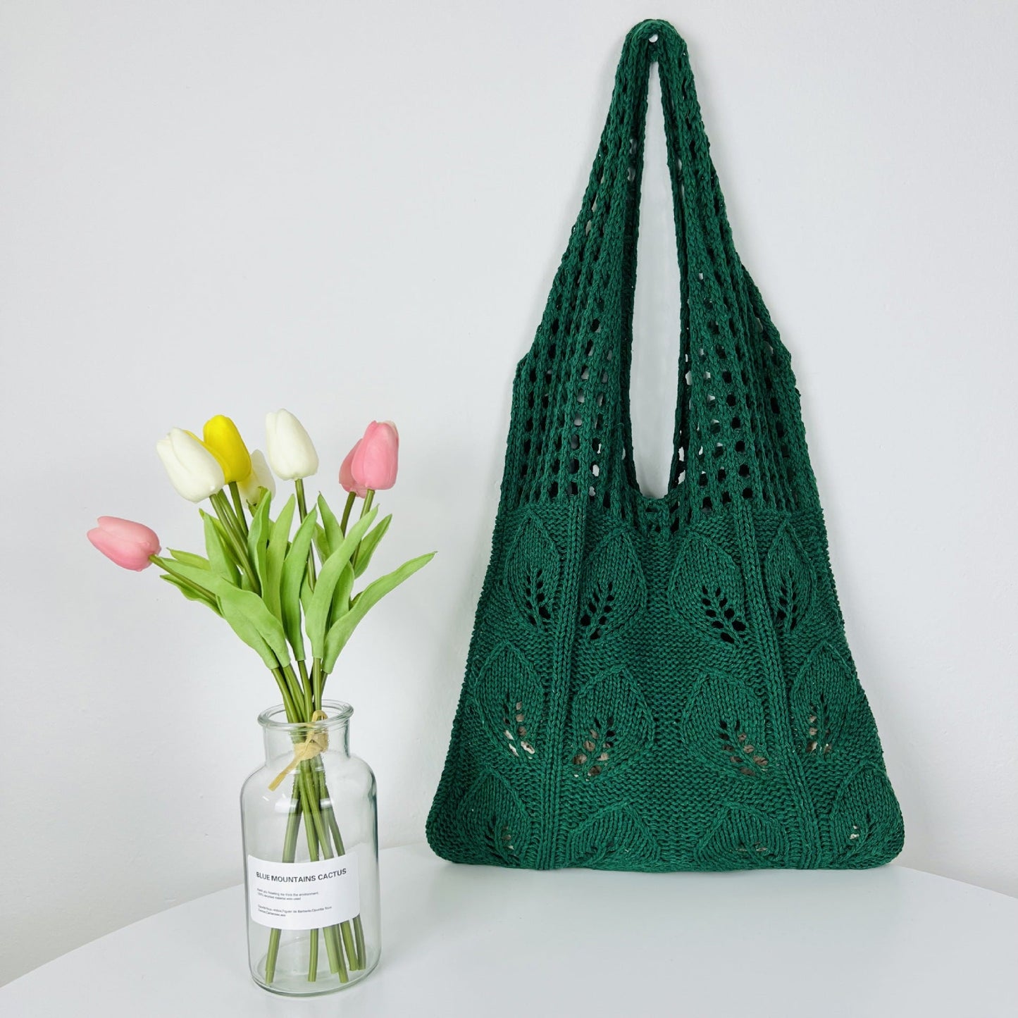 Solid Color Hollow Out Knit Shoulder Tote Bag