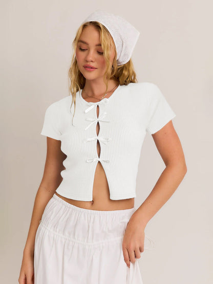 Crew Neck Hollow Out Bow Short Top