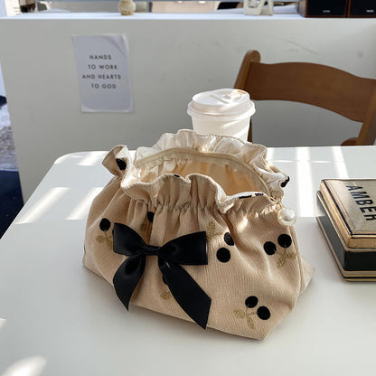 Corduroy Cherry Bow Cosmetic Bag