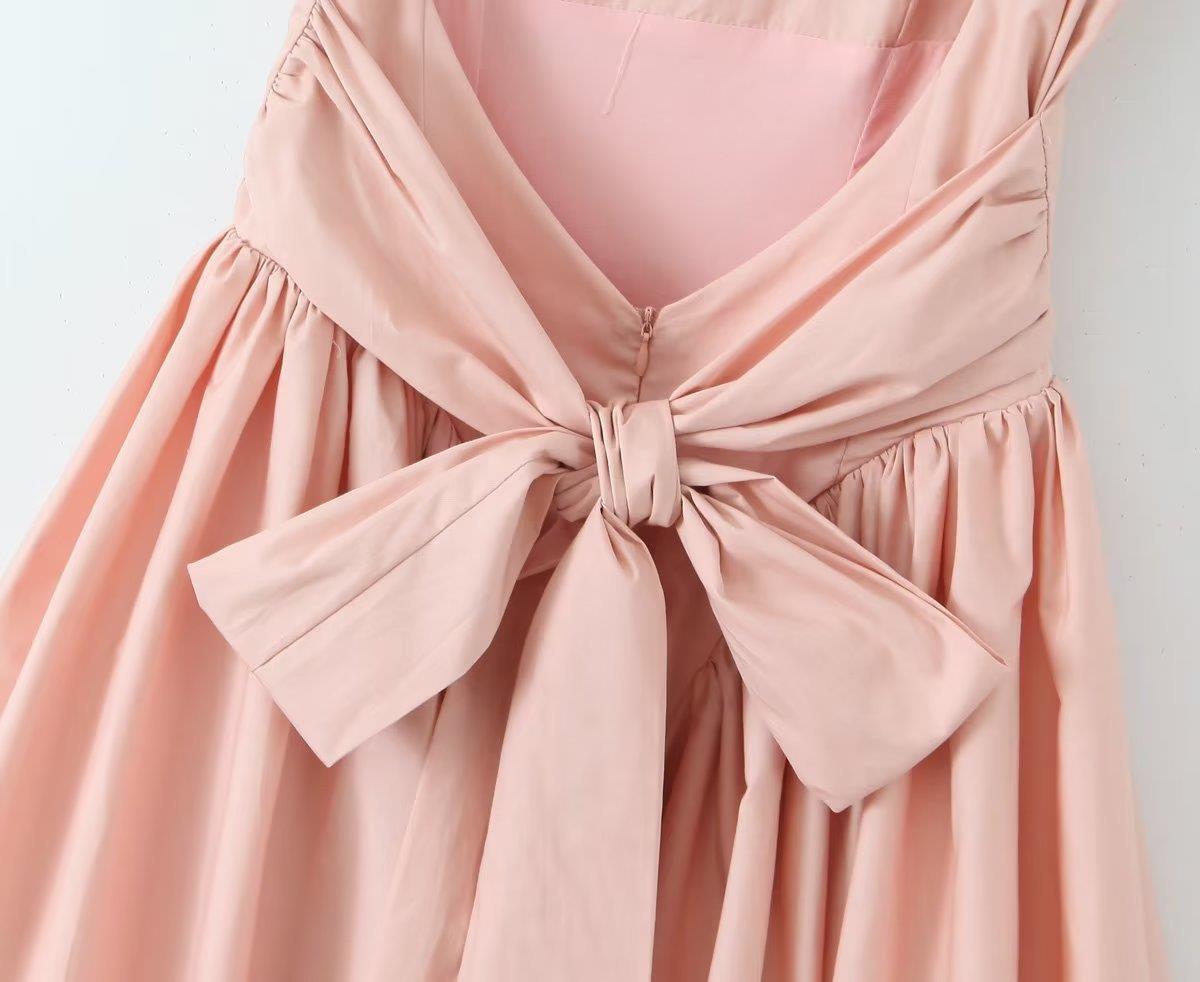 Solid Color Bow Tie Back Pleated Dress