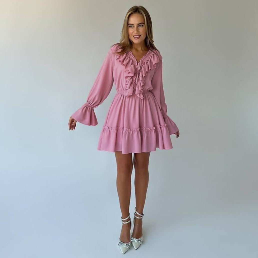 V-Neck Flounce Solid Color Mini Dress