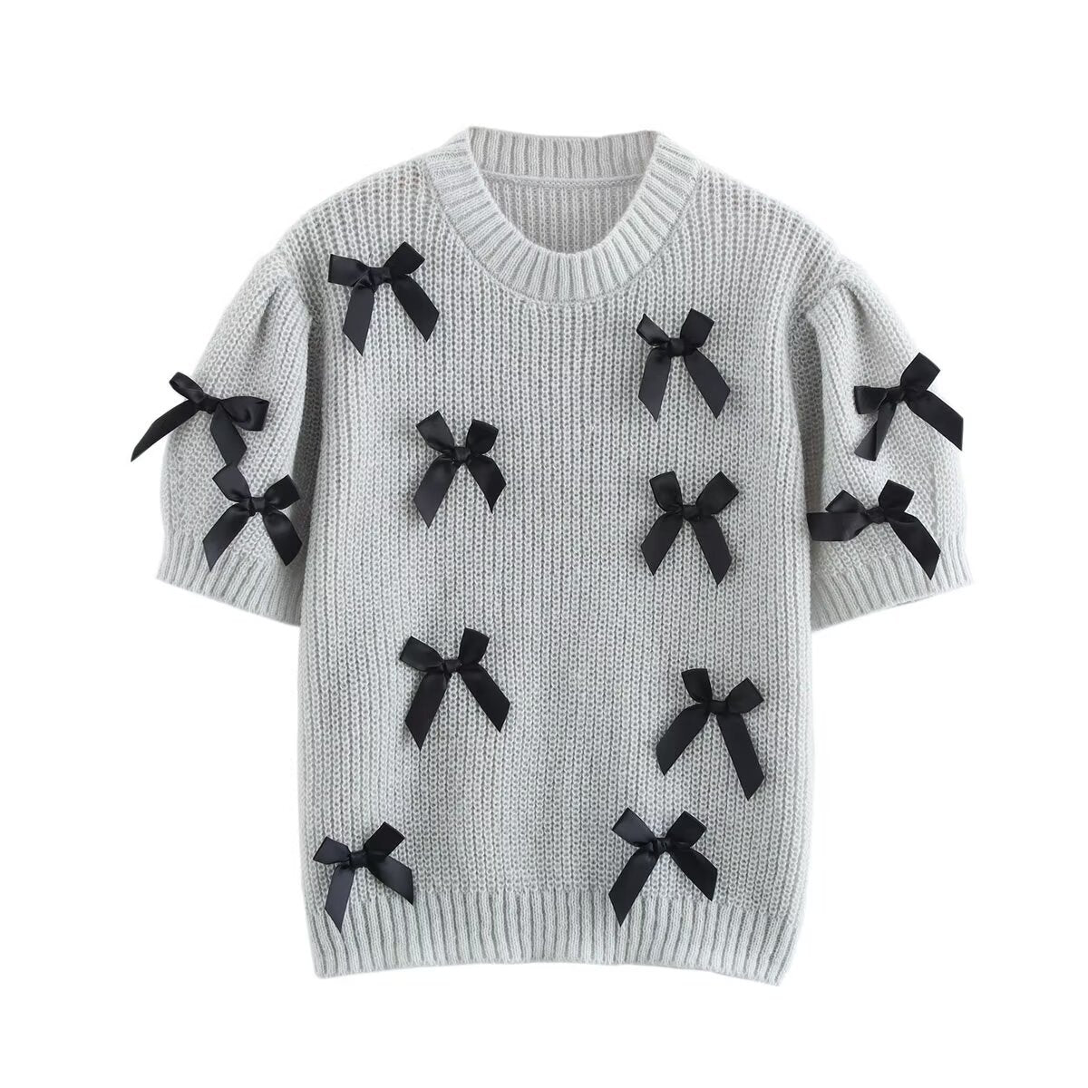 Elegant Crew Neck Bow Decor Sweater Top