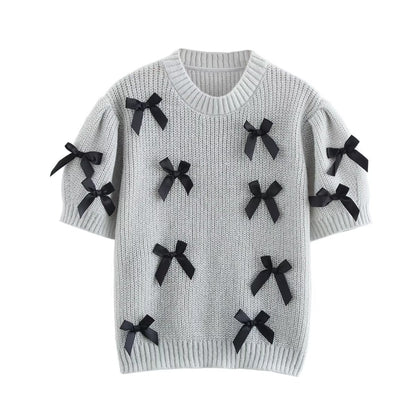 Elegant Crew Neck Bow Decor Sweater Top