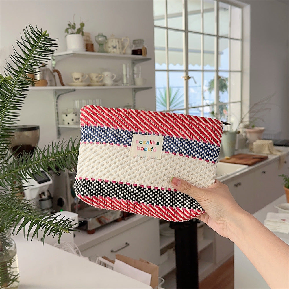 Color Block Striped Large Capacity Make Up Bag