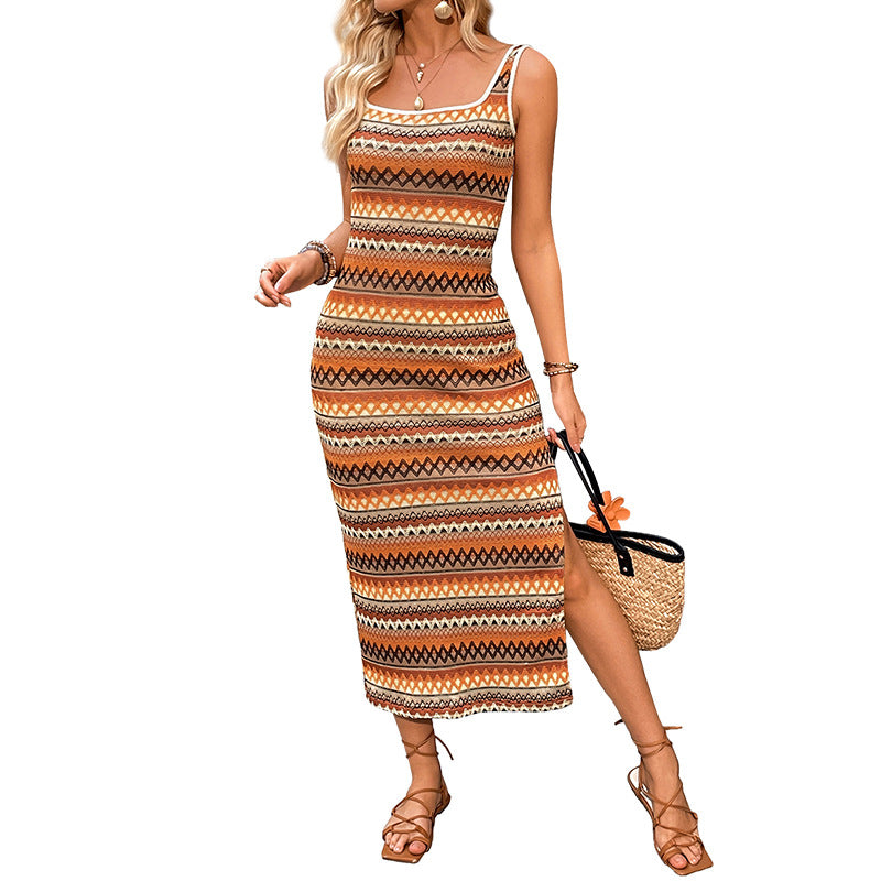 Casual Striped Spaghetti Strap Side Split Dress