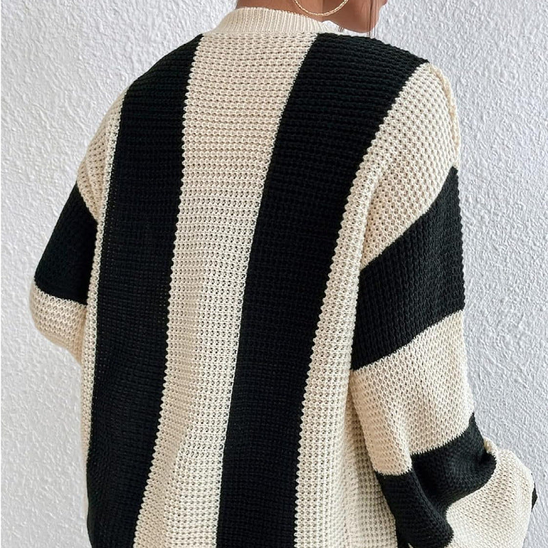 Striped Color Block Flare Sleeves Knit Cardigan